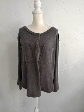 POL Gray Henley Soft Long Sleeve Top Size Large